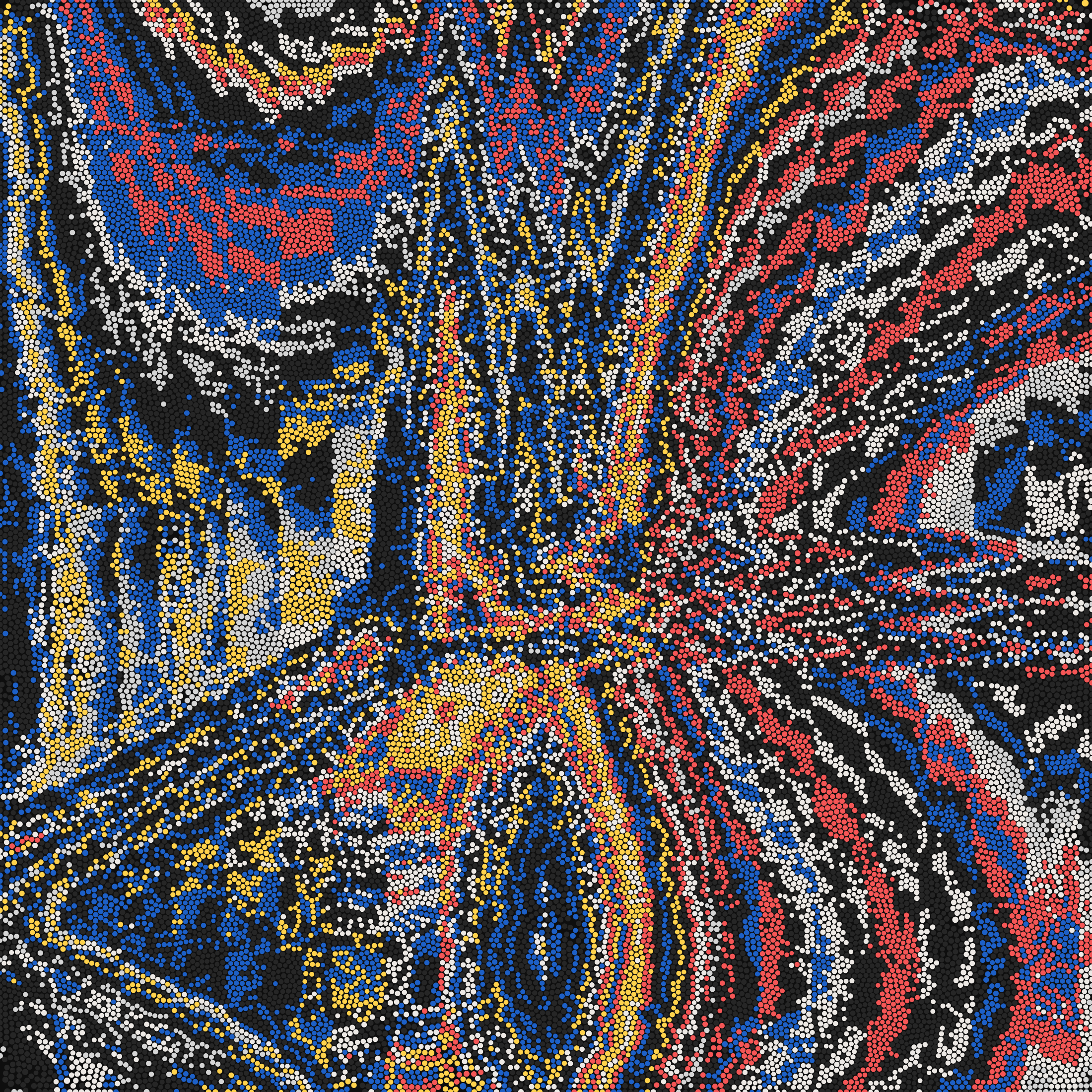 Surface Sets, emergent pointillist field in blue, red, gold and black